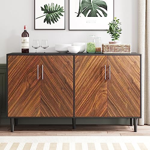 Black Sideboard Buffet Cabinet, 58’’ Buffet Cabinet with Storage, Black Sideboards and Buffets with Doors, Mid Century Sideboard with Doors, Modern Credenzas with Adjustable Shelf for Living Room