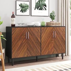 Black Sideboard Buffet Cabinet, 58’’ Buffet Cabinet with Storage, Black Sideboards and Buffets with Doors, Mid Century Sideboard with Doors, Modern Credenzas with Adjustable Shelf for Living Room