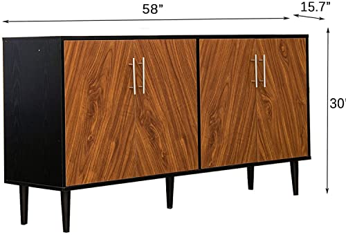 Black Sideboard Buffet Cabinet, 58’’ Buffet Cabinet with Storage, Black Sideboards and Buffets with Doors, Mid Century Sideboard with Doors, Modern Credenzas with Adjustable Shelf for Living Room