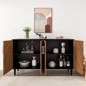 Black Sideboard Buffet Cabinet, 58’’ Buffet Cabinet with Storage, Black Sideboards and Buffets with Doors, Mid Century Sideboard with Doors, Modern Credenzas with Adjustable Shelf for Living Room