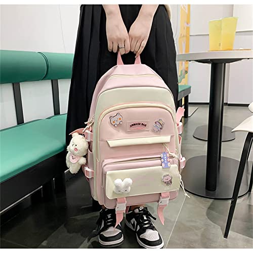 Aobiono 5Pcs Kawaii Backpack Set Aesthetic Preppy Cute School Supplies Kit with Pins Bear Pendant Light Academia Pastel Soft Cottagecore Japanese (Pink)