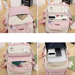 Aobiono 5Pcs Kawaii Backpack Set Aesthetic Preppy Cute School Supplies Kit with Pins Bear Pendant Light Academia Pastel Soft Cottagecore Japanese (Pink)