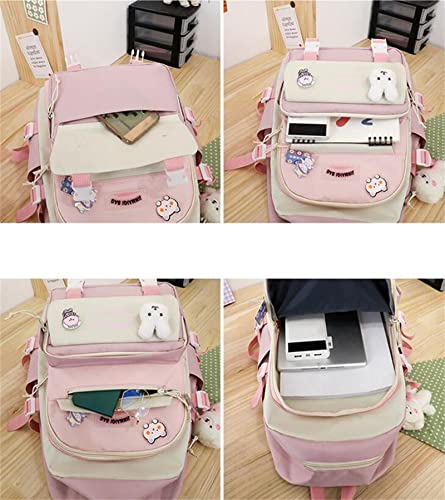 Aobiono 5Pcs Kawaii Backpack Set Aesthetic Preppy Cute School Supplies Kit with Pins Bear Pendant Light Academia Pastel Soft Cottagecore Japanese (Pink)