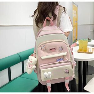 Aobiono 5Pcs Kawaii Backpack Set Aesthetic Preppy Cute School Supplies Kit with Pins Bear Pendant Light Academia Pastel Soft Cottagecore Japanese (Pink)