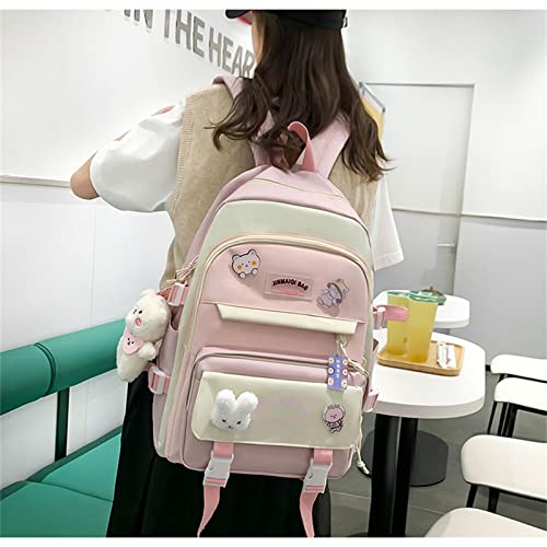 Aobiono 5Pcs Kawaii Backpack Set Aesthetic Preppy Cute School Supplies Kit with Pins Bear Pendant Light Academia Pastel Soft Cottagecore Japanese (Pink)