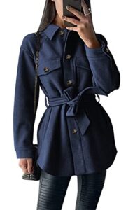 prettygarden women's 2023 fashion winter trench coats lapel button down peacoat belted outwear casual jackets (navy,x-large)