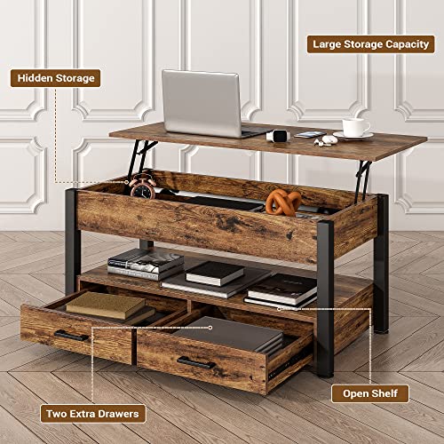 Osfvolr Lift Top Coffee Table, Coffee Table with Storage Drawers and Adjustable Metal Legs, Vintage Wood Living Room Tables with Hidden Compartment and Open Shelf, Brown