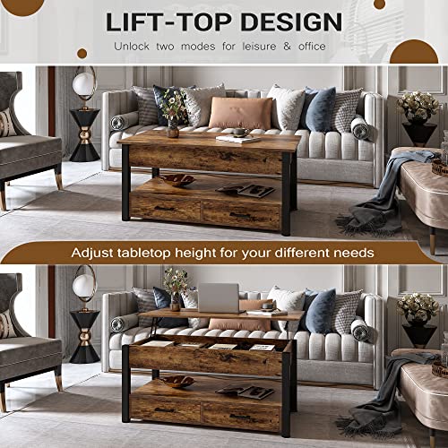 Osfvolr Lift Top Coffee Table, Coffee Table with Storage Drawers and Adjustable Metal Legs, Vintage Wood Living Room Tables with Hidden Compartment and Open Shelf, Brown