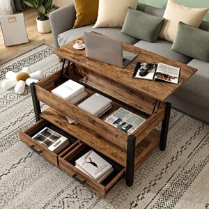 Osfvolr Lift Top Coffee Table, Coffee Table with Storage Drawers and Adjustable Metal Legs, Vintage Wood Living Room Tables with Hidden Compartment and Open Shelf, Brown