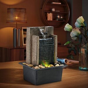 Amootek Tabletop Fountain Waterfall Fountain Office Tabletop Fountain Includes Many Natural River Rocks Decorated with Colorful Light 6.3" L x 5.12" W x 8.66" H