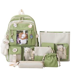 aonuowe 5 pcs cute aesthetic backpack set for school teens, 3 plushies & 5 pins & cards kawaii backpack with accessories (green)