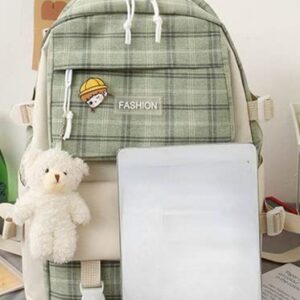 5Pcs Kawaii Plaid Backpack Set Aesthetic Preppy Cute Checkered with Pins Bear Pendant Light Academia Back to School Supplies Kit Y2K JK Plaid Simple Cottagecore (Sage Green)