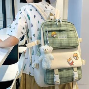 5Pcs Kawaii Plaid Backpack Set Aesthetic Preppy Cute Checkered with Pins Bear Pendant Light Academia Back to School Supplies Kit Y2K JK Plaid Simple Cottagecore (Sage Green)