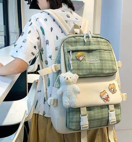 5Pcs Kawaii Plaid Backpack Set Aesthetic Preppy Cute Checkered with Pins Bear Pendant Light Academia Back to School Supplies Kit Y2K JK Plaid Simple Cottagecore (Sage Green)