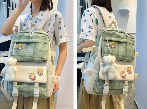 5Pcs Kawaii Plaid Backpack Set Aesthetic Preppy Cute Checkered with Pins Bear Pendant Light Academia Back to School Supplies Kit Y2K JK Plaid Simple Cottagecore (Sage Green)