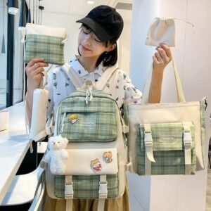 5Pcs Kawaii Plaid Backpack Set Aesthetic Preppy Cute Checkered with Pins Bear Pendant Light Academia Back to School Supplies Kit Y2K JK Plaid Simple Cottagecore (Sage Green)