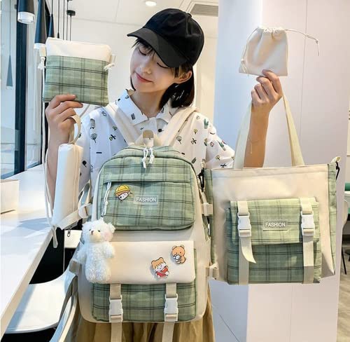 5Pcs Kawaii Plaid Backpack Set Aesthetic Preppy Cute Checkered with Pins Bear Pendant Light Academia Back to School Supplies Kit Y2K JK Plaid Simple Cottagecore (Sage Green)