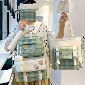 5Pcs Kawaii Plaid Backpack Set Aesthetic Preppy Cute Checkered with Pins Bear Pendant Light Academia Back to School Supplies Kit Y2K JK Plaid Simple Cottagecore (Sage Green)