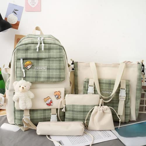 5Pcs Kawaii Plaid Backpack Set Aesthetic Preppy Cute Checkered with Pins Bear Pendant Light Academia Back to School Supplies Kit Y2K JK Plaid Simple Cottagecore (Sage Green)