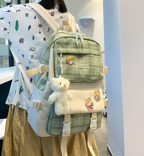 5Pcs Kawaii Plaid Backpack Set Aesthetic Preppy Cute Checkered with Pins Bear Pendant Light Academia Back to School Supplies Kit Y2K JK Plaid Simple Cottagecore (Sage Green)