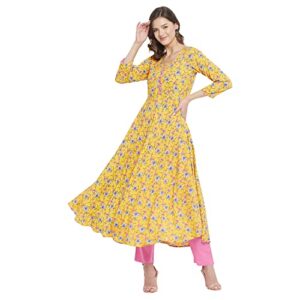tissu women's rayon yellow & pink floral printed a-line kurta 2136_yellow_s