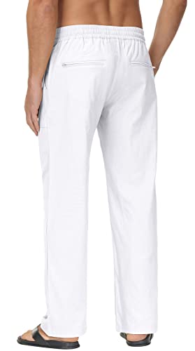 Boisouey Mens Linen Loose Pant Lightweight Elastic Waist Trouser Yoga Beach Pant White L