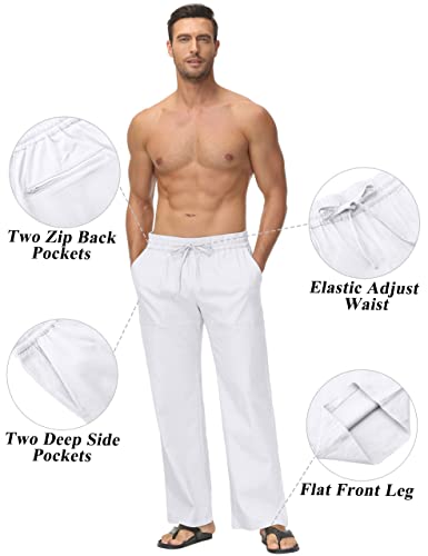 Boisouey Mens Linen Loose Pant Lightweight Elastic Waist Trouser Yoga Beach Pant White L