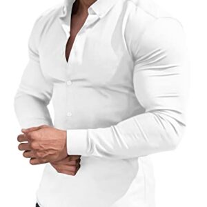 URRU Men's Muscle Dress Shirts Slim Fit Stretch Long Sleeve Casual Button Down Shirt White S