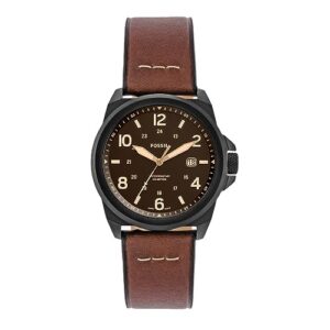 fossil men's bronson quartz stainless steel and eco leather three-hand watch, color: black, dark brown (model: fs5938)