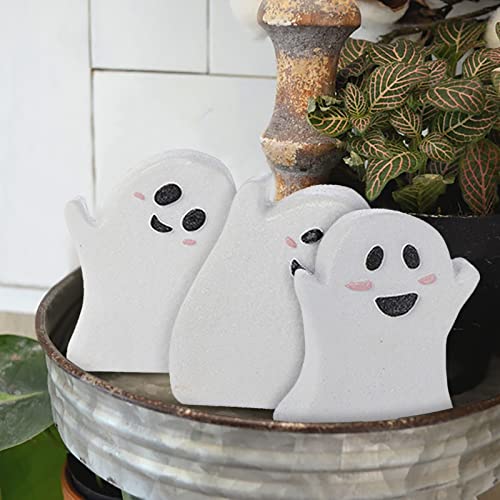 3 Pieces Halloween Decor Wooden Ghost Sign Table Tiered Tray Decorations, Trick or Treat Candy Sign Blocks for Party Home Shelf Display (Rustic)