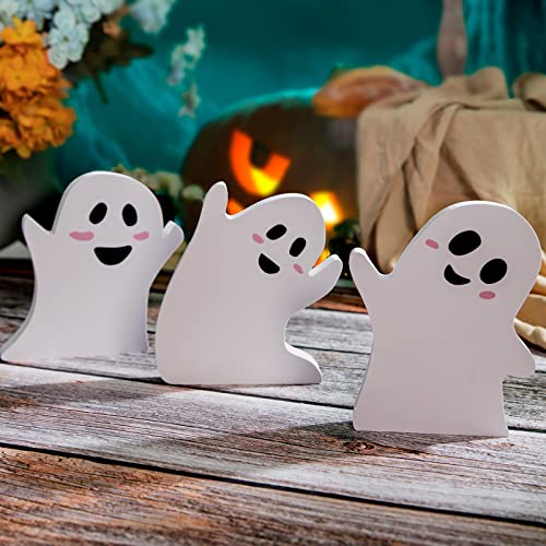 3 Pieces Halloween Decor Wooden Ghost Sign Table Tiered Tray Decorations, Trick or Treat Candy Sign Blocks for Party Home Shelf Display (Rustic)