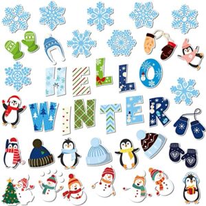 marspark 68 pieces winter classroom bulletin border decoration penguin cutouts snowflake snowman gloves hat hello for christmas home decor (snowman)