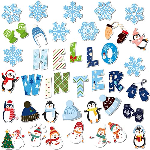 Marspark 68 Pieces Winter Classroom Bulletin Border Decoration Penguin Cutouts Snowflake Snowman Gloves Hat Hello for Christmas Home Decor (Snowman)