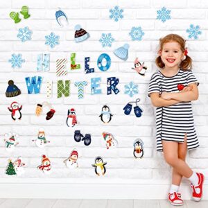 Marspark 68 Pieces Winter Classroom Bulletin Border Decoration Penguin Cutouts Snowflake Snowman Gloves Hat Hello for Christmas Home Decor (Snowman)