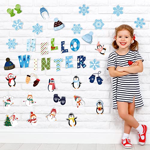 Marspark 68 Pieces Winter Classroom Bulletin Border Decoration Penguin Cutouts Snowflake Snowman Gloves Hat Hello for Christmas Home Decor (Snowman)