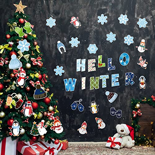 Marspark 68 Pieces Winter Classroom Bulletin Border Decoration Penguin Cutouts Snowflake Snowman Gloves Hat Hello for Christmas Home Decor (Snowman)