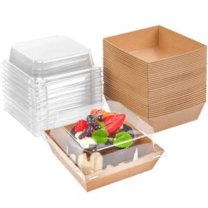 kucoele 50 pack paper charcuterie boxes with clear lids, 4 inches brown cookie boxes dessert boxes disposable to go food containers for sandwich, cake slice, cupcake, chocolate covered strawberry