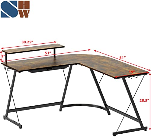 SHW Vista L Desk with Monitor Stand Drawer, Rustic Brown