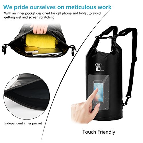 AiRunTech Waterproof Dry Bag, 10L Roll Top Compression Sack with Phone Dry Bag Case and Long Adjustable Shoulder Strap Included for Outdoor Water Sports, Boating, Hiking(Black, 10L with Window)