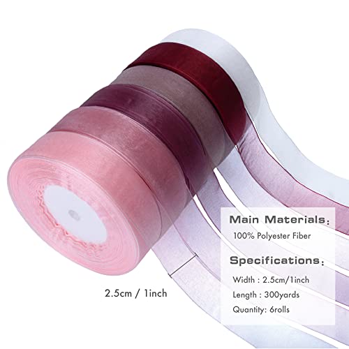 1 Inch Organza Ribbon 300 Yards, Sheer Chiffon Ribbon for Gift Wrapping Decoration, Transparent Tulle Ribbon for Birthday Presents, Cards, Wedding Invitations, Bows Crafts (6 Rolls* 50 Yards)