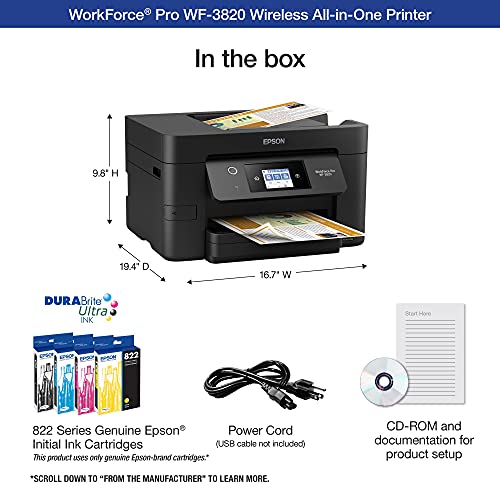 Epson Workforce Pro WF-3820 All-in-One Wireless Color Inkjet Printer Home Office, Black - Print Scan Copy Fax - 21 ppm, 4800 x 2400 dpi, 2.7" Touchscreen, Auto Duplex Printing, 35-Sheet ADF, Ethernet