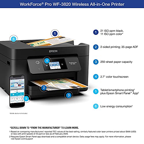 Epson Workforce Pro WF-3820 All-in-One Wireless Color Inkjet Printer Home Office, Black - Print Scan Copy Fax - 21 ppm, 4800 x 2400 dpi, 2.7" Touchscreen, Auto Duplex Printing, 35-Sheet ADF, Ethernet