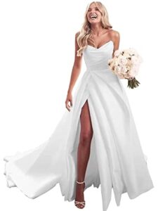 strapless wedding dresses for bride 2023 simple satin wedding dress with slit ivory ball gown for women size 14