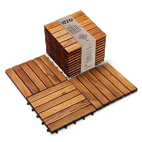 Idzo Pack of 10 Deck Tiles - Waterproof Acacia Wood for Outdoor Flooring, Interlocking Deck Tiles for Both Indoor and Outdoor - 6 Slats, Golden Teak, 12 x 12 x 0.9 inches (SERA)