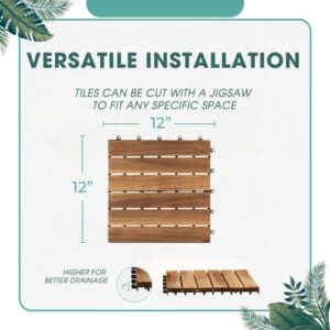 Idzo Pack of 10 Deck Tiles - Waterproof Acacia Wood for Outdoor Flooring, Interlocking Deck Tiles for Both Indoor and Outdoor - 6 Slats, Golden Teak, 12 x 12 x 0.9 inches (SERA)