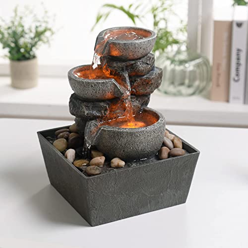 Haobos Decorative Indoor Fountain 3-Bowl Rockery Soothing Sound Tabletop Fountains Home/Office Decor with Led Light/Some Cobblestones(1556A)