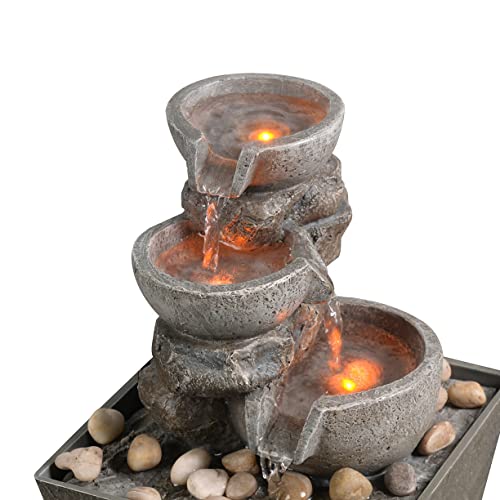 Haobos Decorative Indoor Fountain 3-Bowl Rockery Soothing Sound Tabletop Fountains Home/Office Decor with Led Light/Some Cobblestones(1556A)