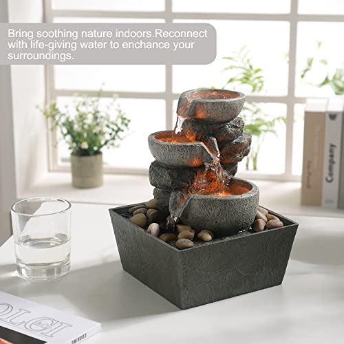 Haobos Decorative Indoor Fountain 3-Bowl Rockery Soothing Sound Tabletop Fountains Home/Office Decor with Led Light/Some Cobblestones(1556A)