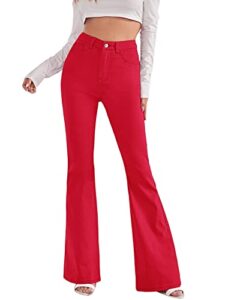 sweatyrocks women's casual denim pants heart print high waist stretchy bell bottom flared jeans solid red l