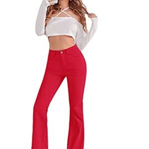 SweatyRocks Women's Casual Denim Pants Heart Print High Waist Stretchy Bell Bottom Flared Jeans Solid Red L